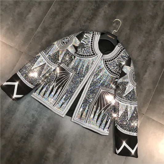 Chaqueta brillante para mujer, cazadora geométrica con lentejuelas plateadas, cuello redondo, abrigo bordado de nacionalidad, ropa informal para mujer 2023