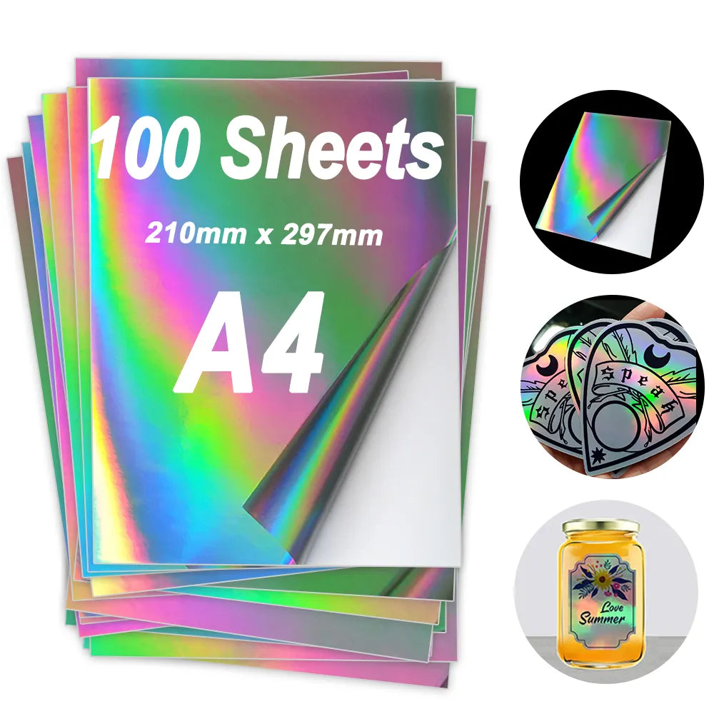 10/20/30/40/50/100 Sheets Holographic Sticker A4 Printable Vinyl Sticker Paper Waterproof Self-adhesive Rainbow InkJet Printer