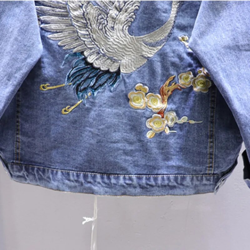 2023 Autumn Loose-Fit Denim Jacket Handsome Boyfriend Wind Heavy Embroidery Small Crane Fashionable Black Jacket Womenes