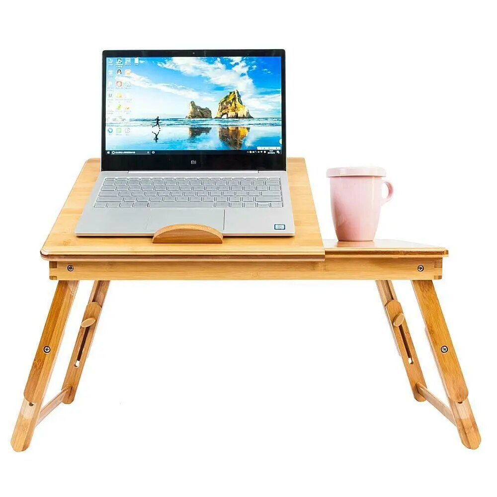 Bamboo Laptop Desk Adjustable Breakfast Serving Bed Tray with Tilting Top Drawer