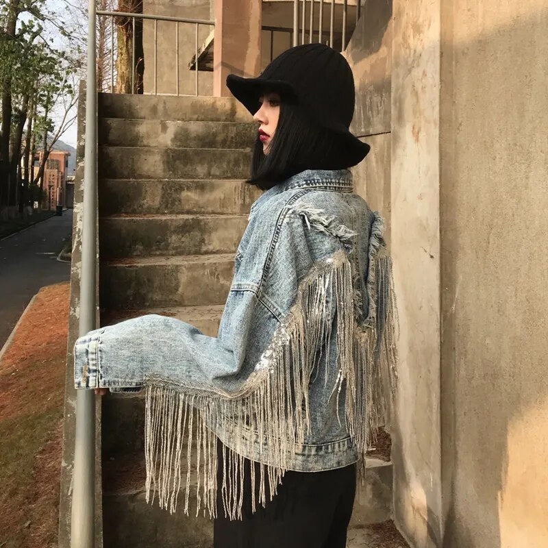 2023 Autumn Streetwear Denim Jacket Women Sequins Chain Tassel Veste Femme Black Loose Short Jeans Coats Outwear Chaquetas Mujer