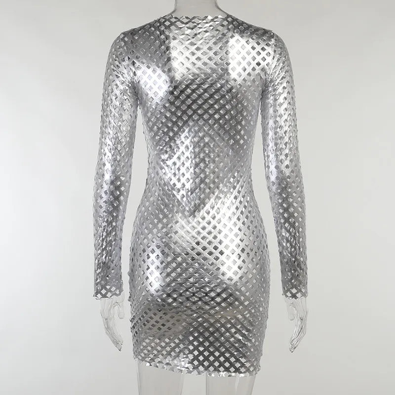 Otoño Sexy ceñido al cuerpo ahueca hacia fuera el vestido de plata de malla de diamante Club de manga larga Mini vestido de fiesta lápiz para las mujeres