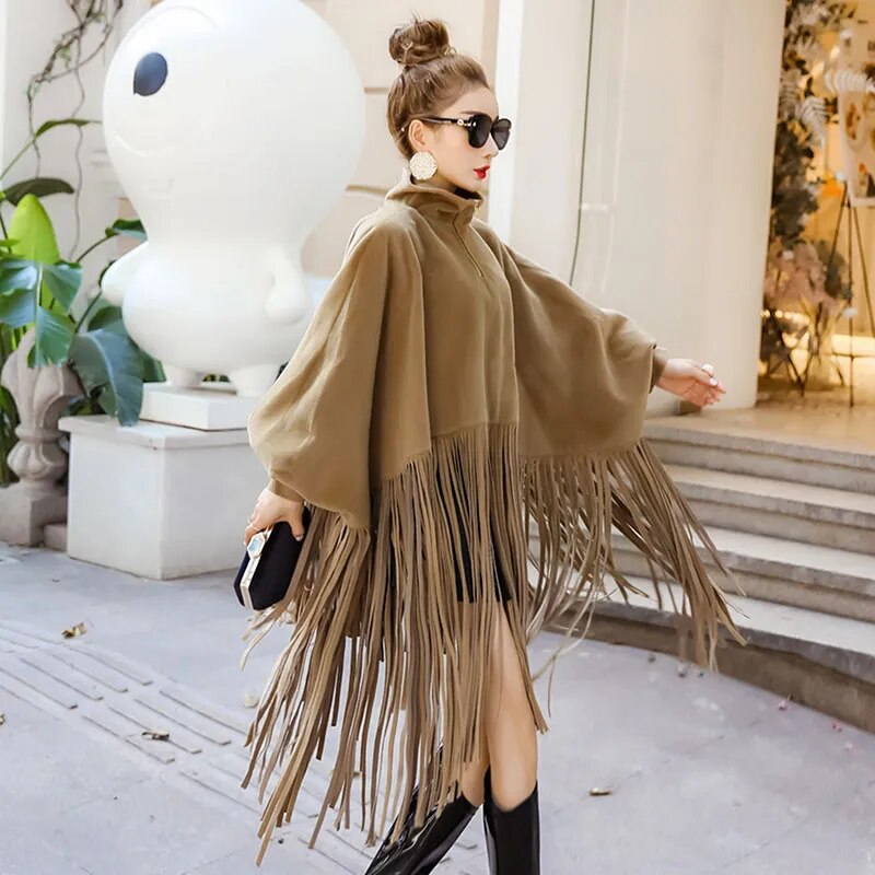 2023 New Spring Autumn Black Jacket Women Loose Tassels Turtleneck Long Sleeve Women Cape Coat Women Fashion oversized Ponchos