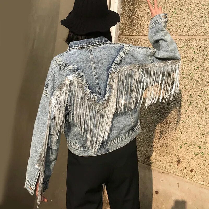 Veste en jean pour Femme, Streetwear, automne 2023, paillettes, chaîne, pompon, noir, ample, court, manteaux en jean, vêtements d'extérieur, Chaquetas Mujer