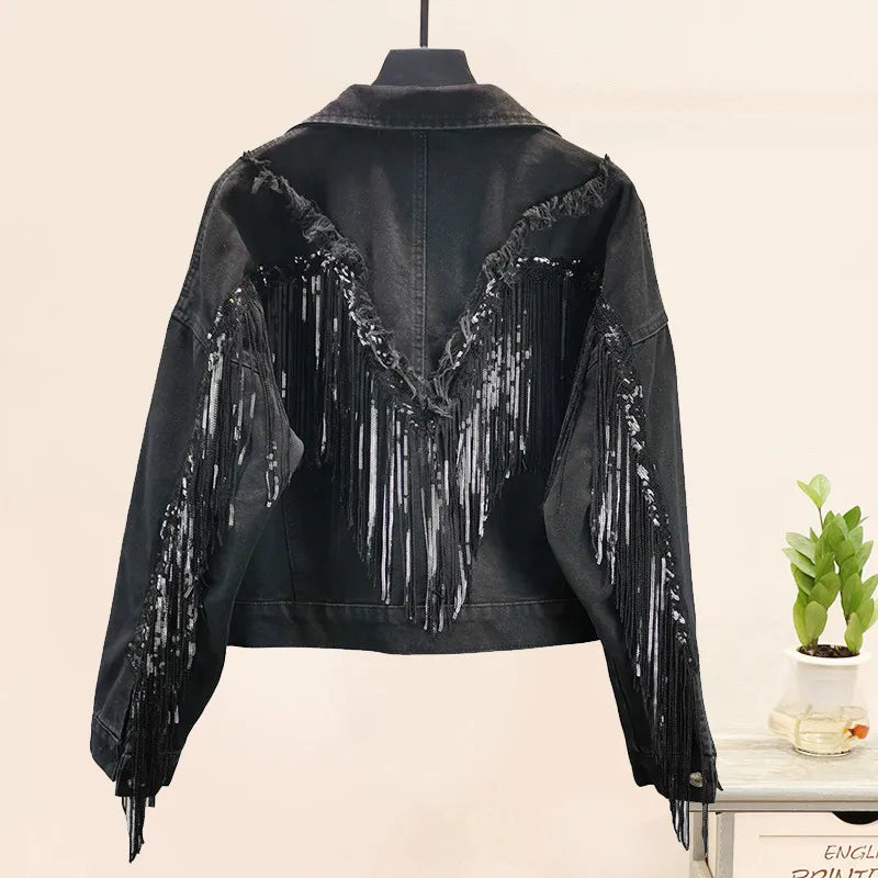 2023 Autumn Streetwear Denim Jacket Women Sequins Chain Tassel Veste Femme Black Loose Short Jeans Coats Outwear Chaquetas Mujer