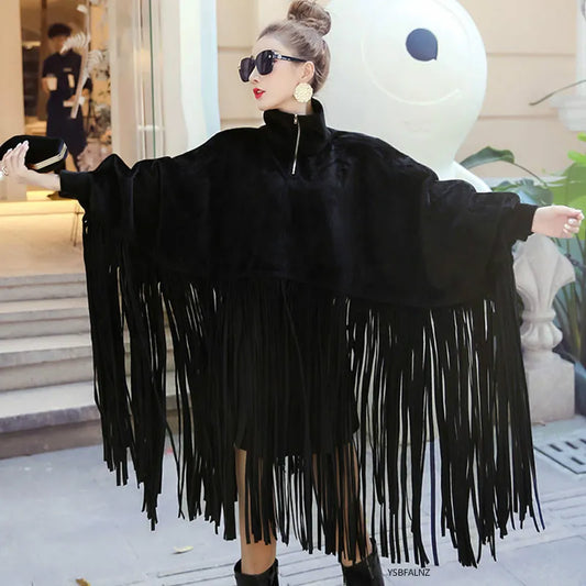 2023 New Spring Autumn Black Jacket Women Loose Tassels Turtleneck Long Sleeve Women Cape Coat Women Fashion oversized Ponchos