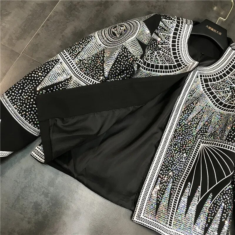 Women Shiny Jacket 2023 Silver Sequins Geometric Bomber Jackets O Neck Nationality Embroid Coat Casual Outerwear Female Clothing