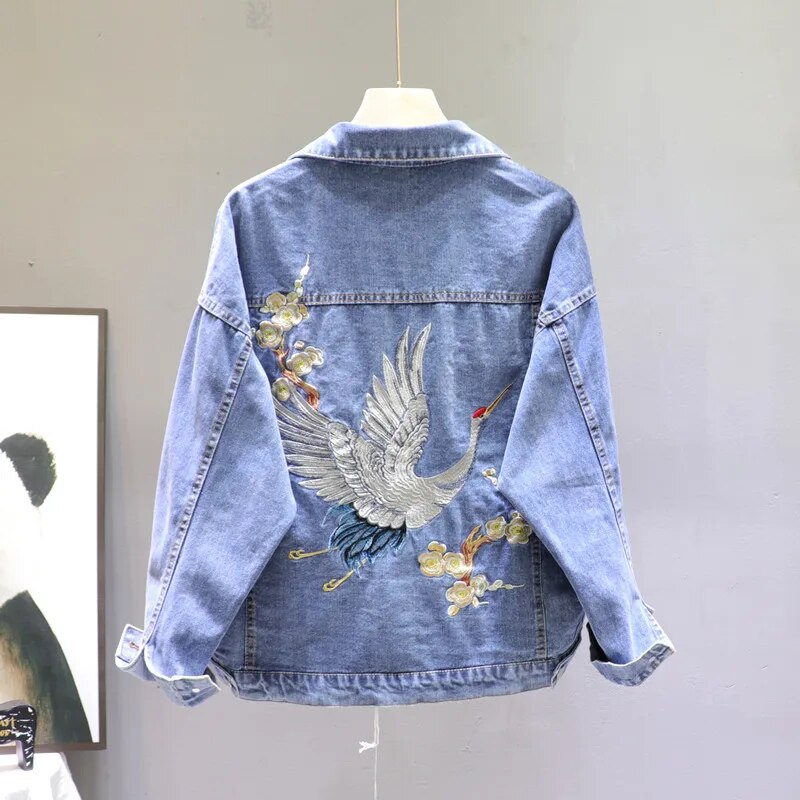 2023 Autumn Loose-Fit Denim Jacket Handsome Boyfriend Wind Heavy Embroidery Small Crane Fashionable Black Jacket Womenes