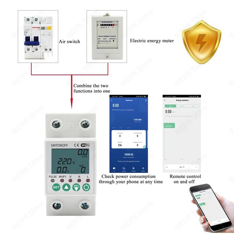 tuya smart life wifi Smart Energy Meter Power kWh Meter Earth Leakage Over Under Voltage Protector work with alexa smart home