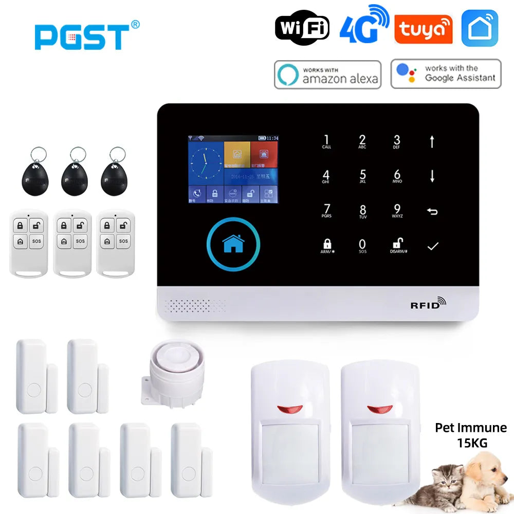 Système d'alarme PGST PG103 Wifi 4G Tuya avec capteur de mouvement immunitaire pour animaux de compagnie caméra IP sans fil prise en charge de la sécurité de la maison intelligente Alexa prise ue