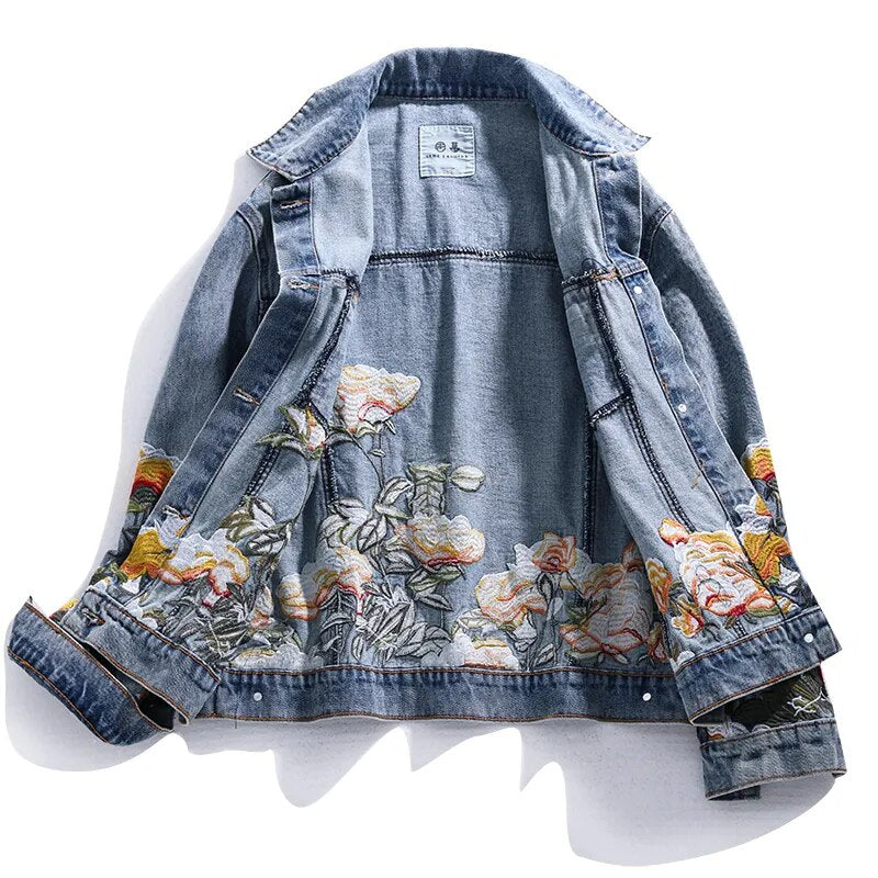 2023 Spring Autumn New Embroidered Flower Jeans Jacket Women Loose Short Coat Denim Jacket Vintage Casual Outerwear Womens Ropa