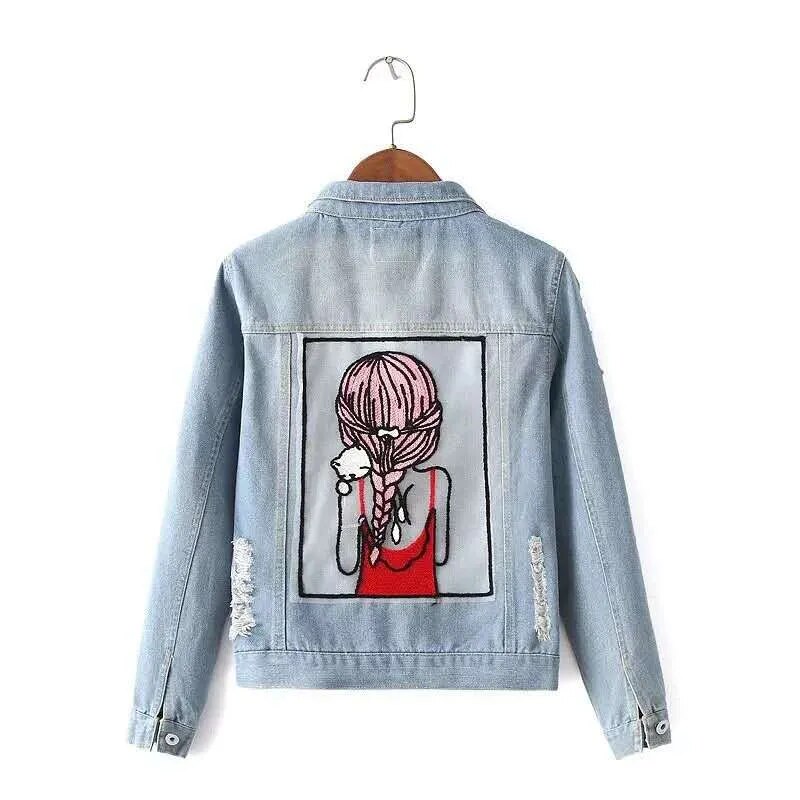 Denim Jacket Womens Autumn Funny Cartoon Print Long Denim Jacket Women Vintage Streetwear Punk Style Jean Jacket Casaco Feminino