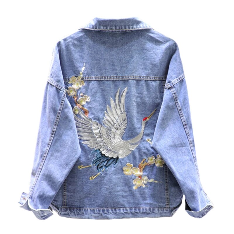 2023 Autumn Loose-Fit Denim Jacket Handsome Boyfriend Wind Heavy Embroidery Small Crane Fashionable Black Jacket Womenes