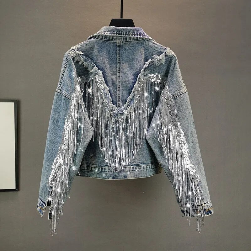 Veste en jean pour Femme, Streetwear, automne 2023, paillettes, chaîne, pompon, noir, ample, court, manteaux en jean, vêtements d'extérieur, Chaquetas Mujer