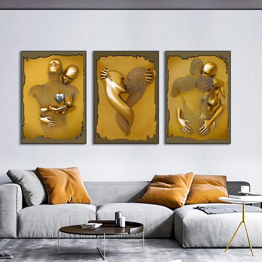 3D Visual Gold Silver Wall Art Pictures Metal Modern Scandinavian Personalized Canvas Interior Paintings Prints Home Decor