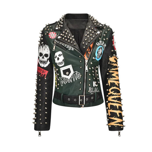 Spring Skull Pattern Graffiti Short Leather Jackets For Punk Women Rivet Slim Streetwear Motorcycle Jackets Coat