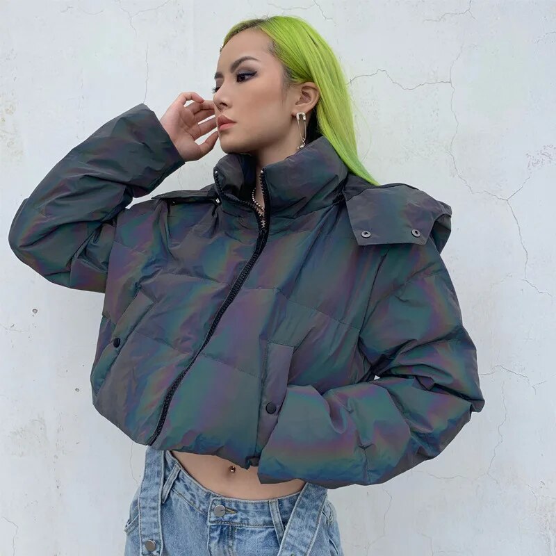 Chaqueta reflectante de arco iris para mujer, Parka cálida de invierno a la moda de Hip Hop, Abrigo corto largo con capucha acolchado de algodón para mujer, Top corto