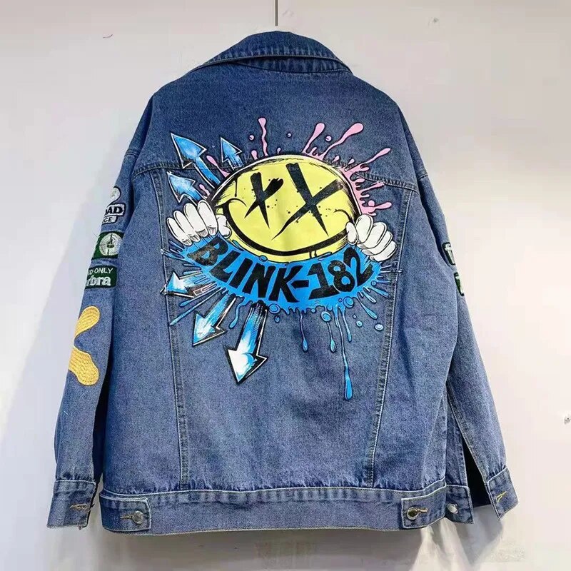 2023 New Loose Rhinestone Letter Denim Jacket Women's All-Match Hip Hop Vintage Jeans Coat Fashion Embroidery Beading Top