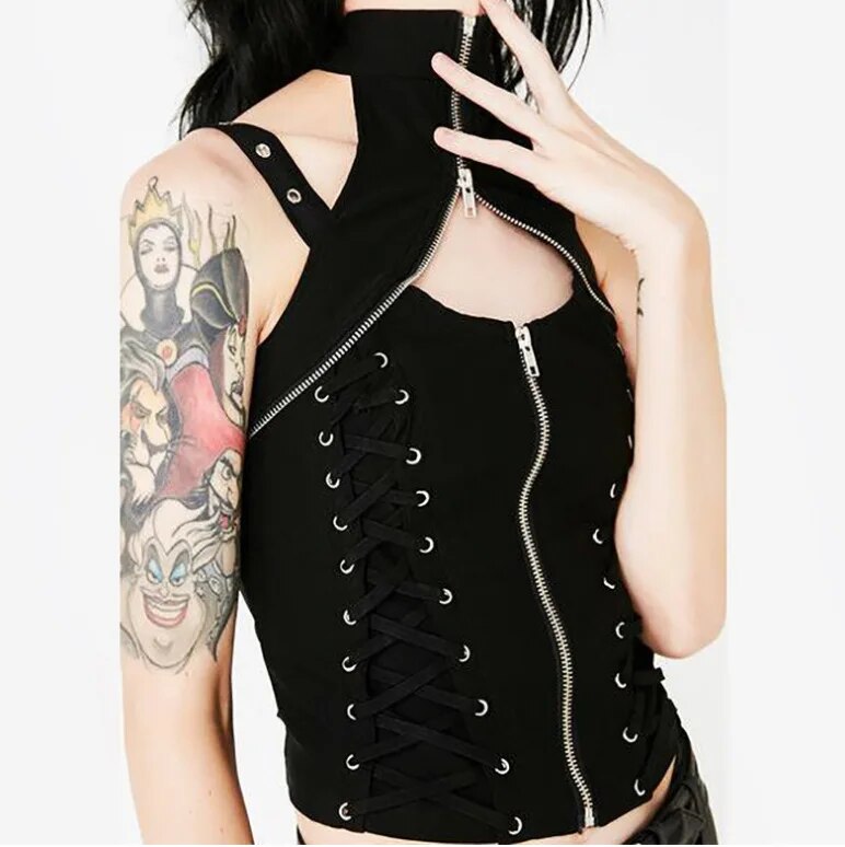 Vintage gilet sans manches T-Shirt évider fermeture éclair chevalier haut gothique Punk femmes noir Sexy Sreetwear discothèque hauts