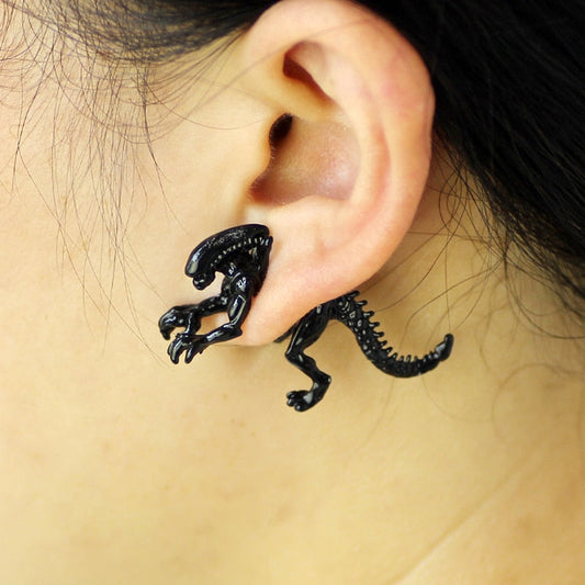 Pendientes de alienígena geniales, pendientes de tuerca de esmalte negro para mujer, piercing de oreja de animal, pendientes de dinosaurio aterradores en 3D, regalos de joyería, cosas alienígenas