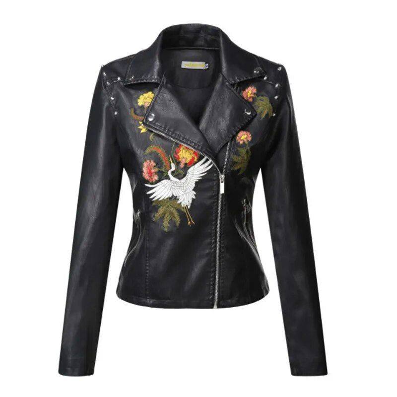 Veste d'automne en cuir Pu brodée de fleurs pour femme, col rabattu, rivets, fermeture éclair, manteaux De motard noirs, hauts vêtements Ropa De Mujer