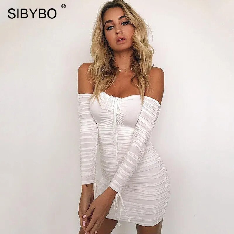 Sibybo Off Shoulder Strapless Sexy Bodycon Dress Autumn Winter Long Sleeve Sheath Club Party Dresses Backless Short Vestidos