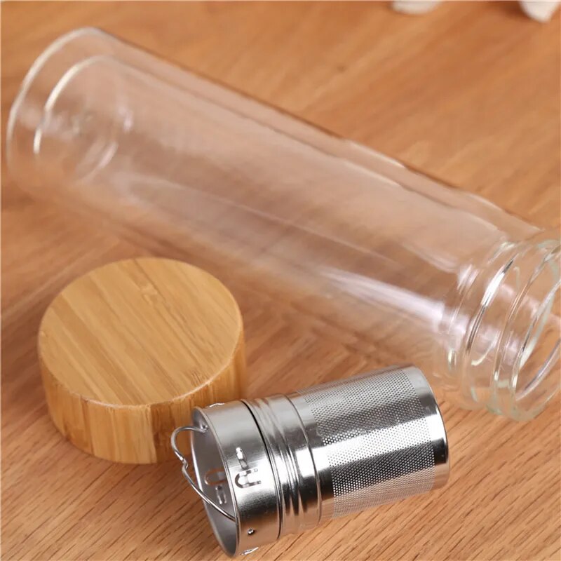 350/450Ml Double Wall Glass Water Bottle Tea Infuser Office Tea Cup Stainless Steel Filters Bamboo Lid Travel Drinkware