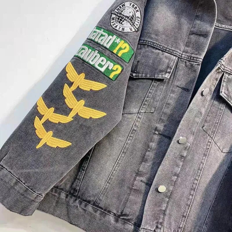 Veste en jean ample avec lettres en strass pour femmes, manteau en jean Vintage Hip Hop assorti avec tout, mode broderie perles, nouvelle collection 2023