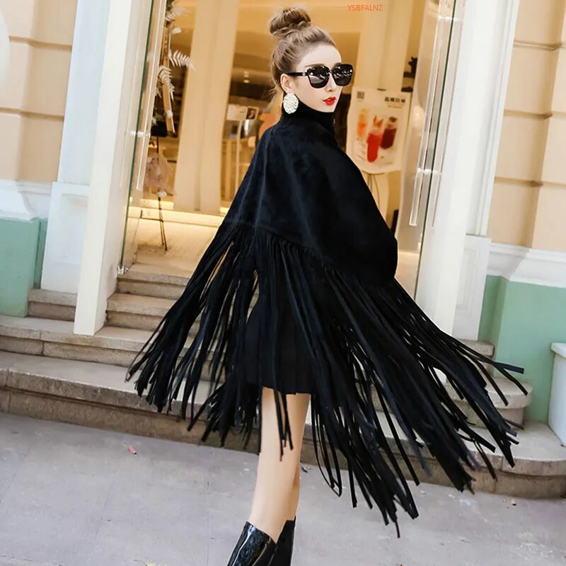 2023 New Spring Autumn Black Jacket Women Loose Tassels Turtleneck Long Sleeve Women Cape Coat Women Fashion oversized Ponchos