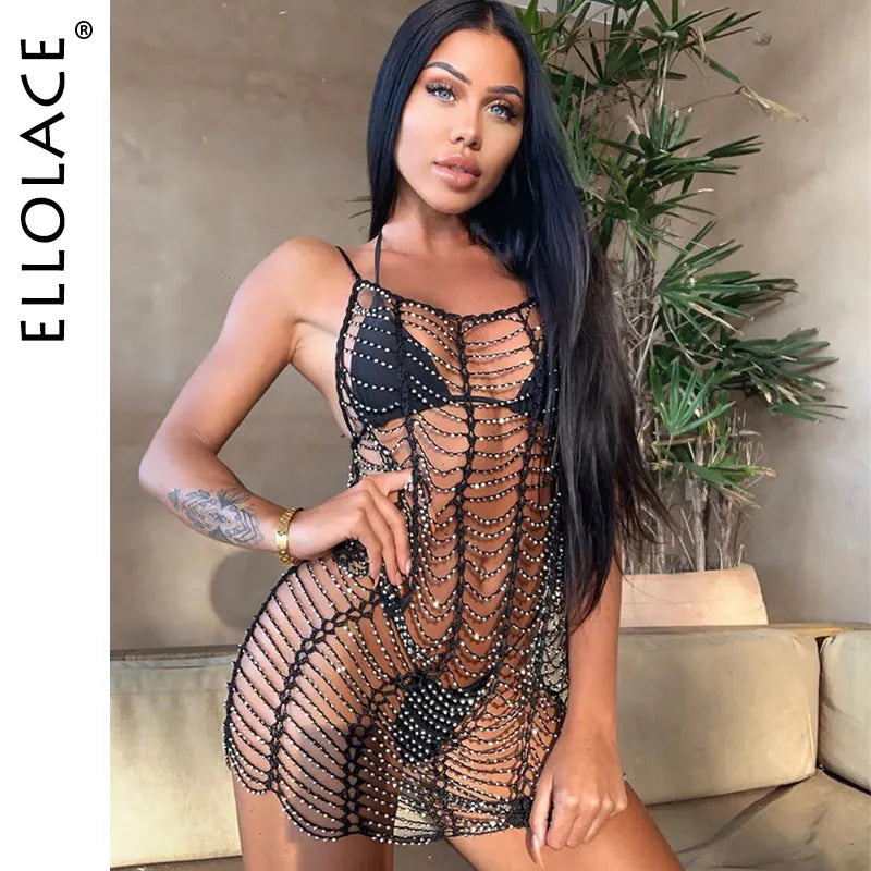 Sexy évider Mini robe été Crochet maillot de bain maillot de bain bikini couvrir robe de plage évider une pièce hauts