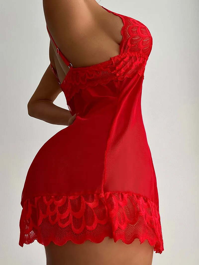 Ropa de dormir Sexy, vestido de noche con escote en V profundo, camisón para dormir para mujer, camisón de encaje rojo, lencería, minivestido sin mangas, ropa de casa