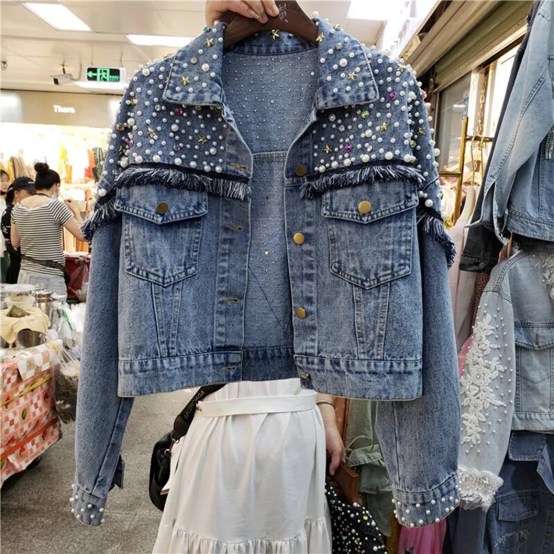 Chaquetas de Mujer, ropa de calle de otoño 2023, chaqueta vaquera para Mujer, chaqueta vaquera con perlas tachonadas a mano, chaqueta con borlas Punk para Mujer, abrigos vaqueros cortos sueltos