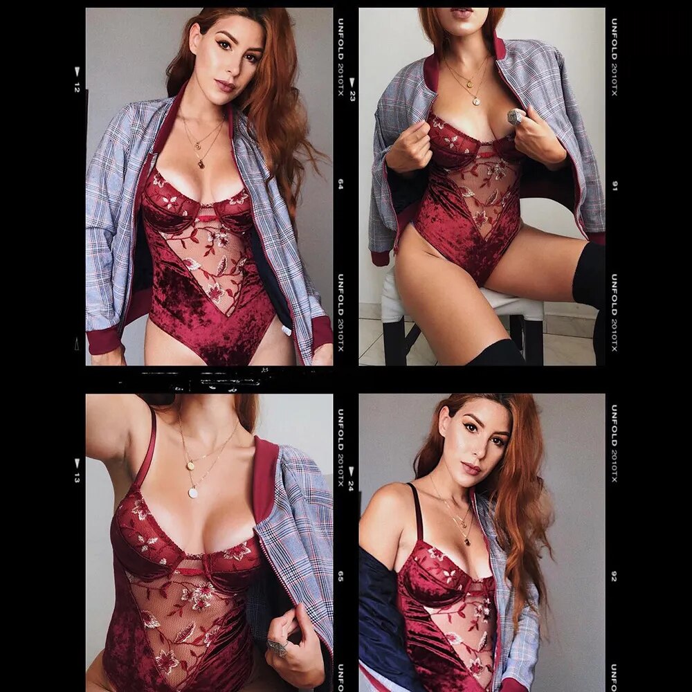 Body en velours pour femmes, salopette brodée de fleurs, en dentelle, Patchwork, Sexy, livraison directe