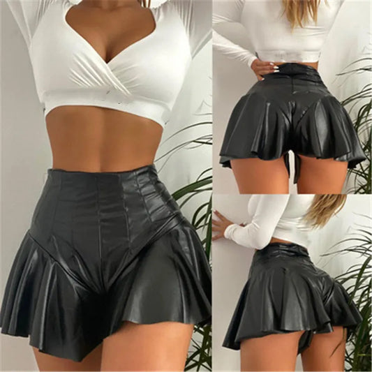 Femmes Sexy PU cuir Shorts jupes taille haute couleur unie Shorts fête Clubwear été mode a-ligne Mini jupe