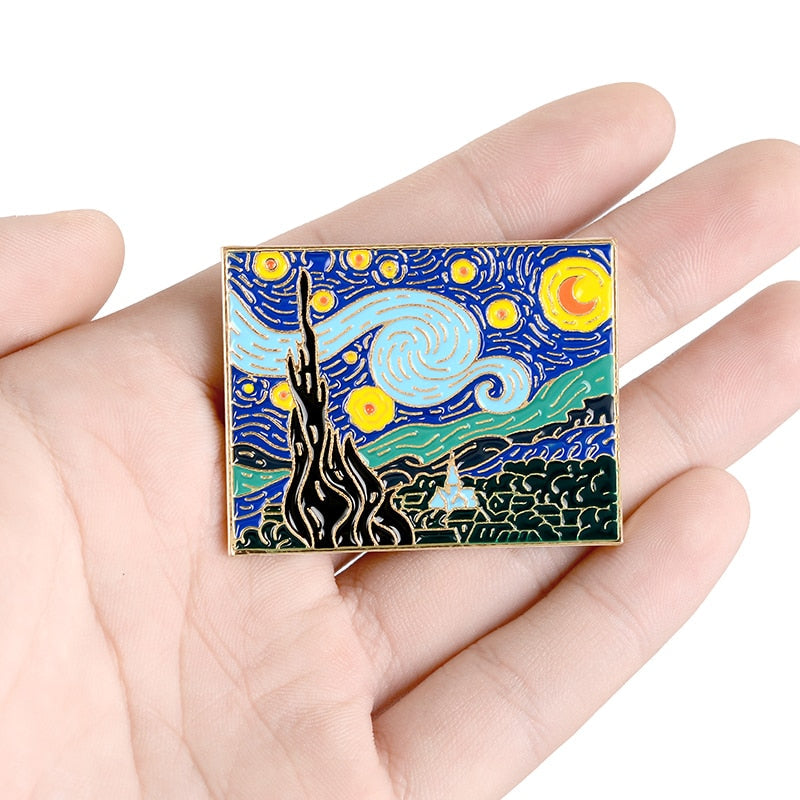 Van Gogh Paintings Quiet Starry Sky Moon Night Artwork Brooches For Artist Friends Romantic Village Tree Natural Scenery Jewelry The Alien Stuff