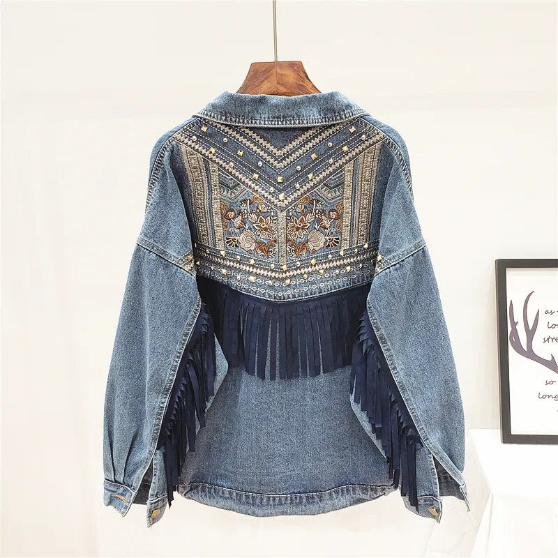 Denim Jacket Floral Embroidery Suede Tassels Loose Coat Long Sleeve Outerwear Streetwear Diamonds Rivet Jacket Women Veste Femme