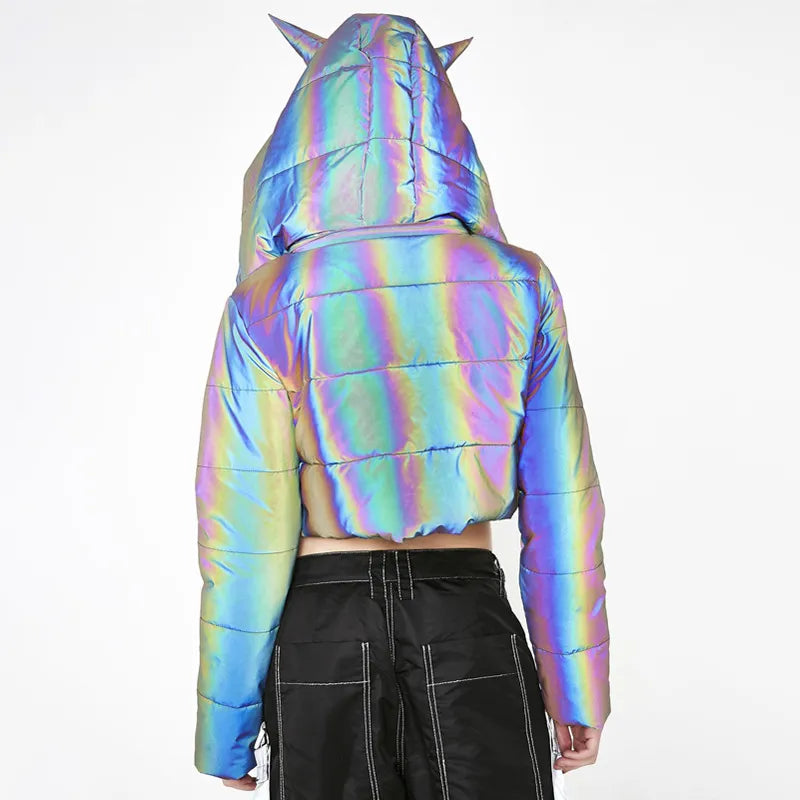 Winter Warm Women Rainbow Reflective Jacket Parka Hip Hop Fashion Short Long Female Cotton-Padded Hooded Coat Crop Top Dropshing