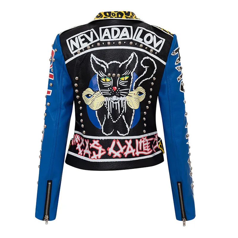 Veste de printemps en Faux cuir taille haute pour femmes, motif léopard Graffiti, vêtements de moto à rivets