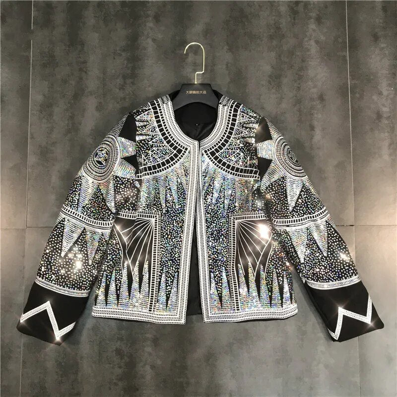 Chaqueta brillante para mujer, cazadora geométrica con lentejuelas plateadas, cuello redondo, abrigo bordado de nacionalidad, ropa informal para mujer 2023