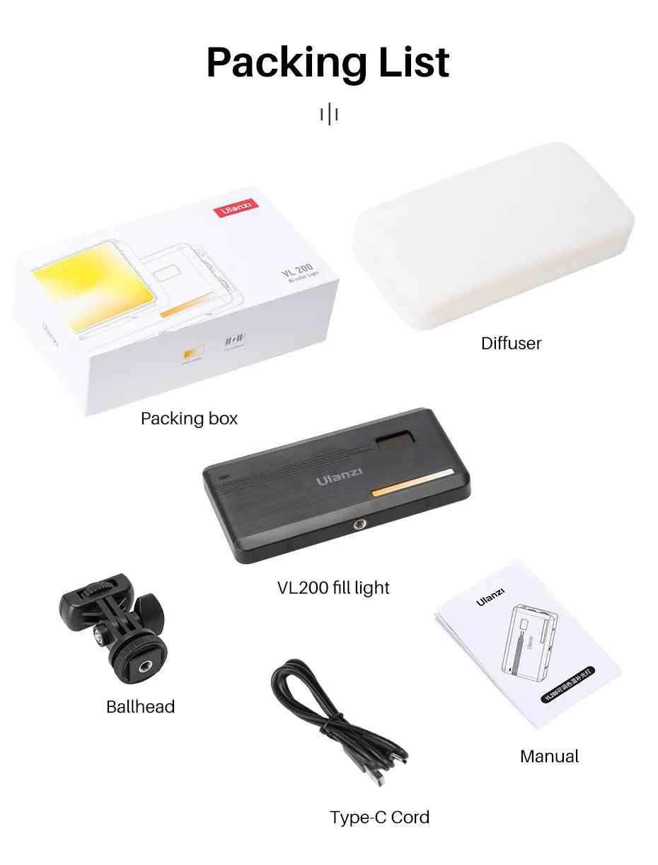 VIJIM Ulanzi VL200 Led lumière vidéo avec diffuseur souple 360 ​​° rotule 5000mAh 2500-9000k panneau de remplissage lampe caméra lumière pour Youtube