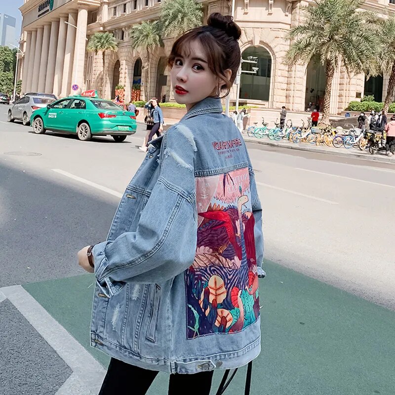 2023 New Fashion Dinosaurs Cartoon Print Long Denim Jacket Femme Coat Women Vintage Streetwear Style Loose Jean Jacket