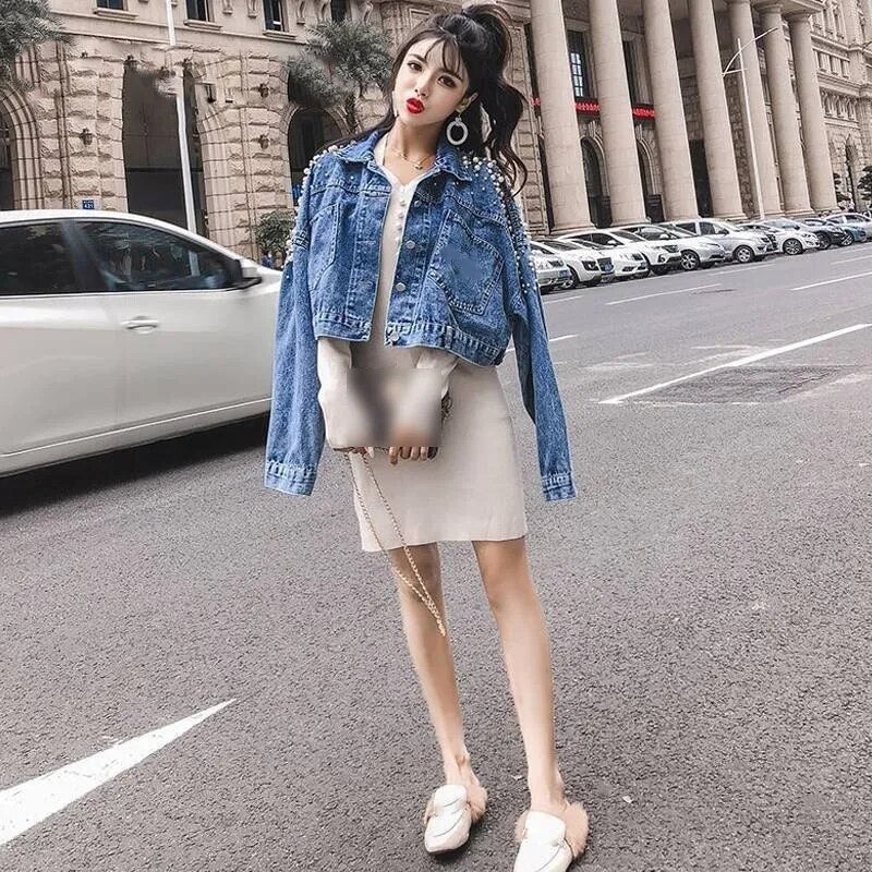 Spring Coats And Jackets Women Korea Sweet Pearl Decor Denim Jacket Short Jacket Pearls Long Sleeve Casual Pockets Loose Clothes