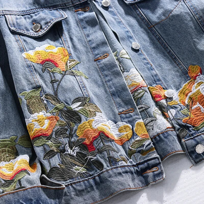 2023 Spring Autumn New Embroidered Flower Jeans Jacket Women Loose Short Coat Denim Jacket Vintage Casual Outerwear Womens Ropa