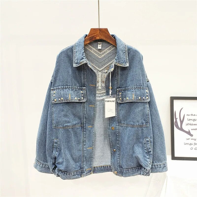 Denim Jacket Korean Floral Embroidery Suede Fringe Loose Chaquetas Mujer Coat Long Sleeve Outerwear Women Veste Femme