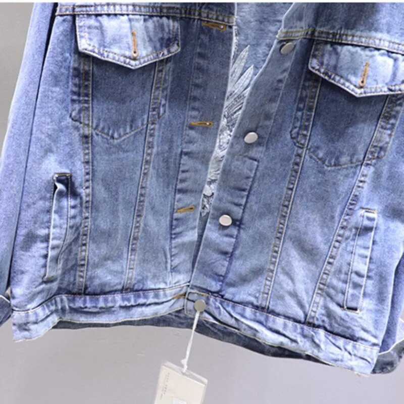 2023 Autumn Loose-Fit Denim Jacket Handsome Boyfriend Wind Heavy Embroidery Small Crane Fashionable Black Jacket Womenes