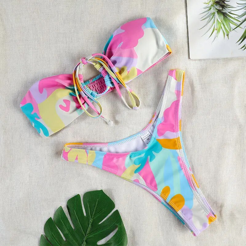 Bikini estampado, traje de baño de verano 2022, nuevo traje de baño triangular para mujer, conjunto de Bikinis con aumento, microtanga, trajes de baño con cuello Halter, ropa de playa