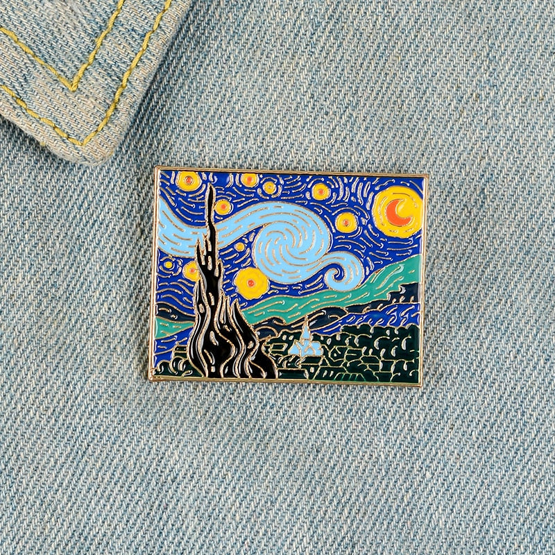 Van Gogh Paintings Quiet Starry Sky Moon Night Artwork Brooches For Artist Friends Romantic Village Tree Natural Scenery Jewelry The Alien Stuff