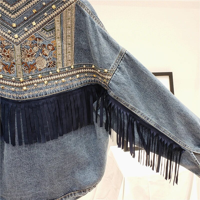 Denim Jacket Floral Embroidery Suede Tassels Loose Coat Long Sleeve Outerwear Streetwear Diamonds Rivet Jacket Women Veste Femme