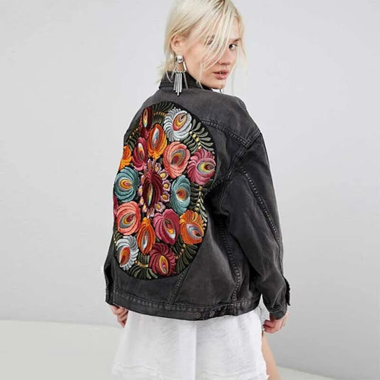 2023 Vintage Flower Embroidery Denim Jacket Women Cowboy Long Sleeve Turn Down Collar Loose Casual Denim Coat Streetwear Outwear