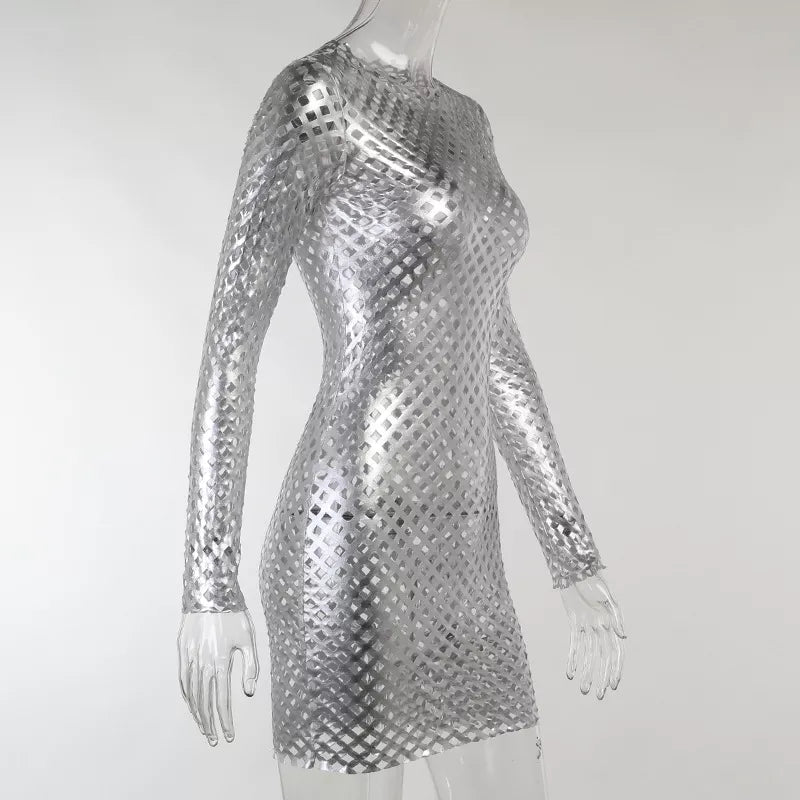 Otoño Sexy ceñido al cuerpo ahueca hacia fuera el vestido de plata de malla de diamante Club de manga larga Mini vestido de fiesta lápiz para las mujeres